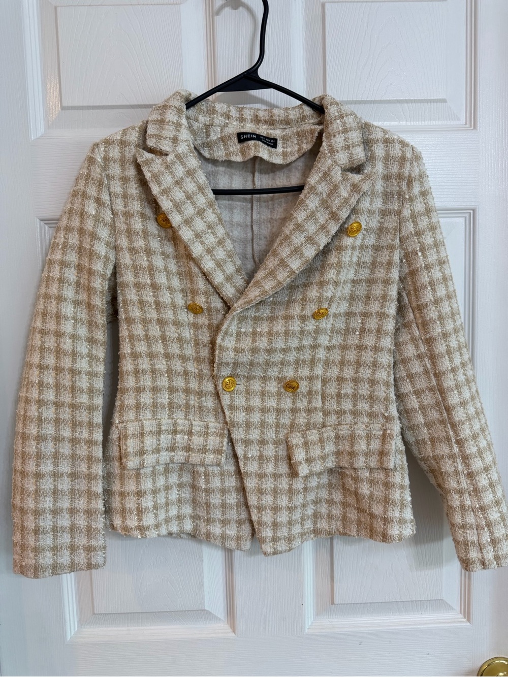 SHEIN Beige Cream Plaid Double-Breasted Tweed Blazer